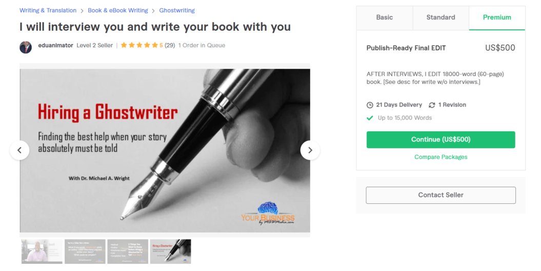 An image showing a Fiverr gig for ghostwriting.