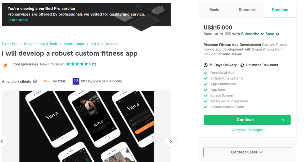 An image showing a Fiverr job post for custom fitness app development.