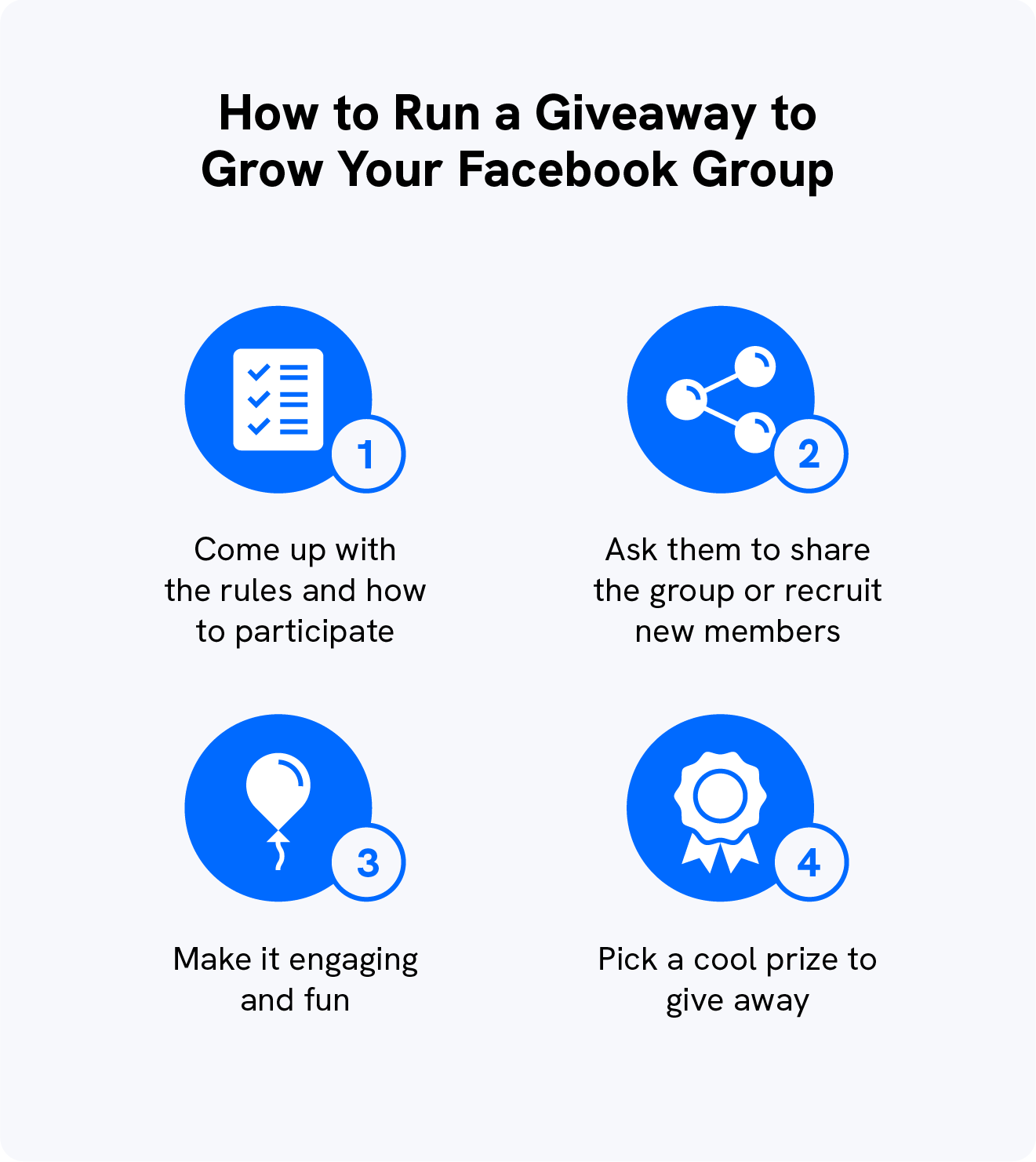 A graphic shows how to grow a Facebook Group by running giveaways and contests.