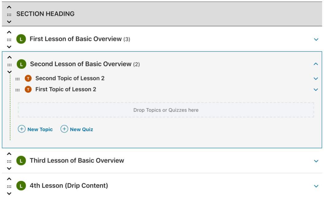 A screenshot of how a course is structured using LearnDash, a WordPress plugin and LMS.