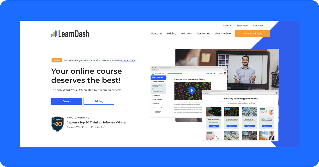 A screenshot of Teachable alternative LearnDash’s home page.