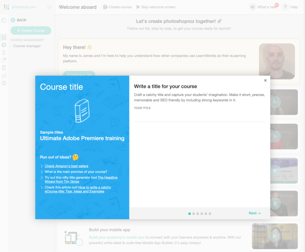 A screenshot of LearnWorld's online course creation tool.