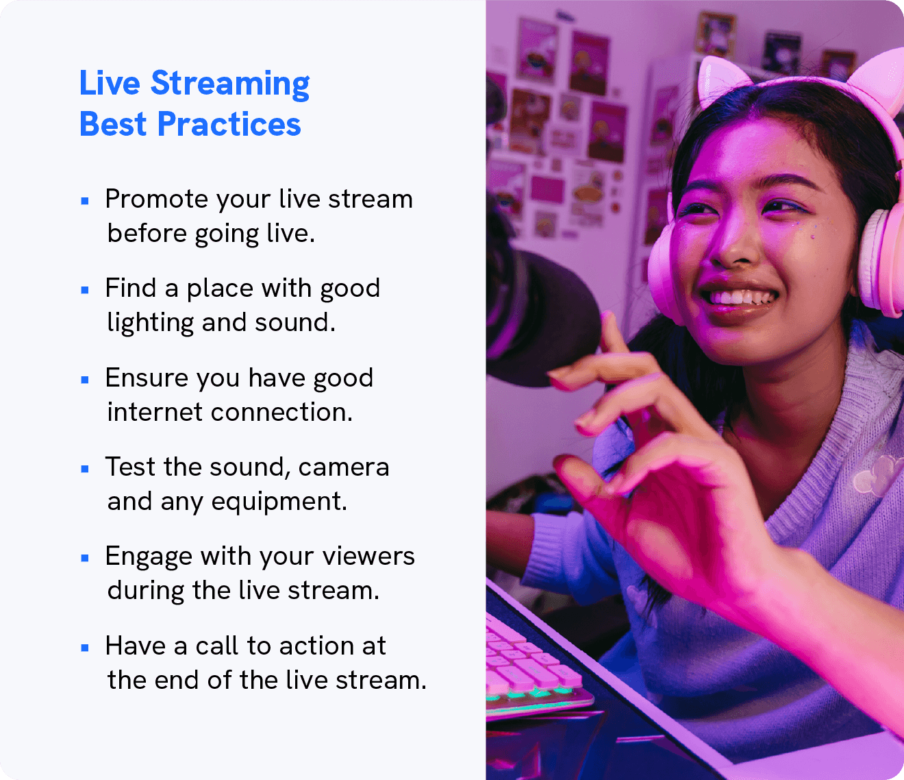 A graphic shows live streaming best practices.