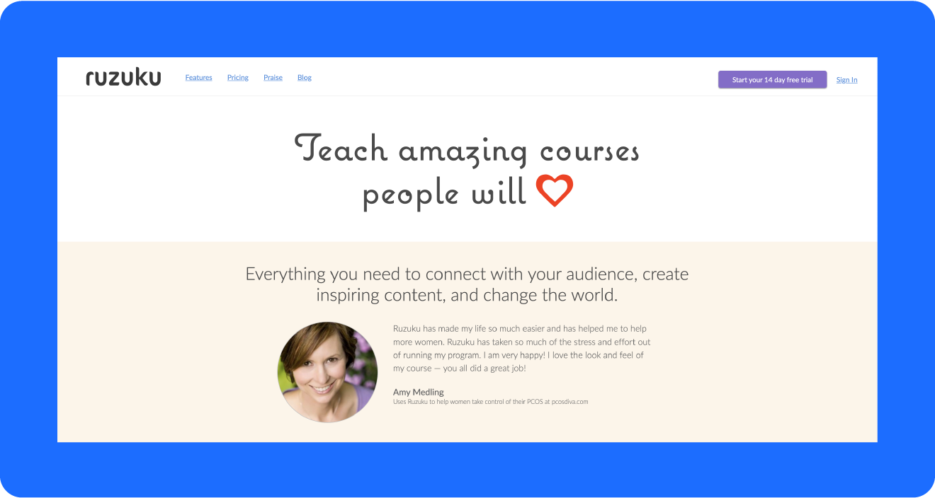 A screenshot of Teachable alternative Ruzuku’s home page.