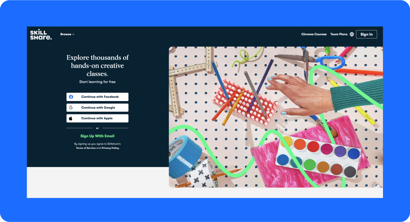A screenshot Teachable alternative Skillshare’s home page.