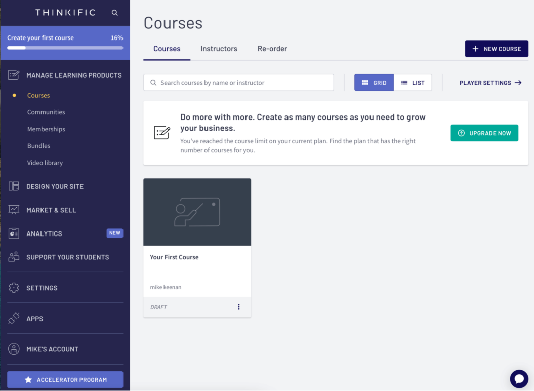 A screenshot of Thinkific's online course builder.