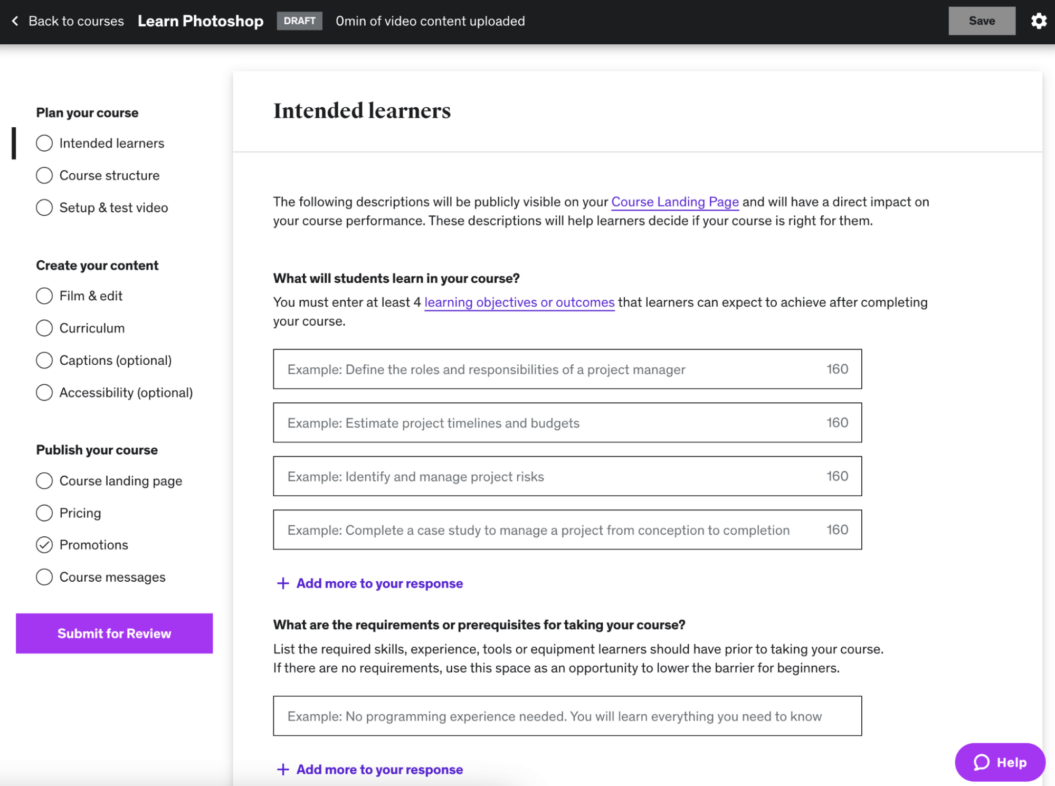 A screenshot of how an online course looks like when built on Udemy.