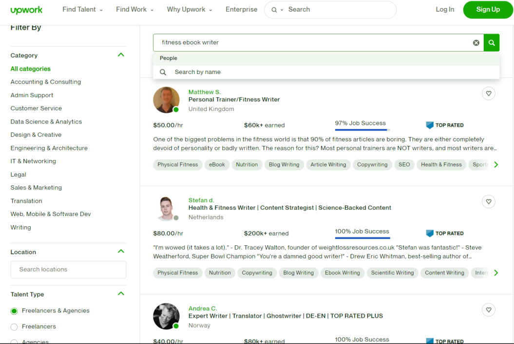 An image showing a list of fitness content writers on Upwork.