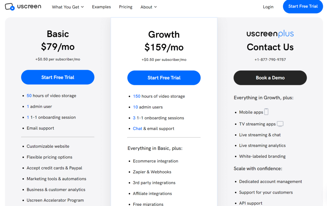 A image showing Uscreen's pricing plans.