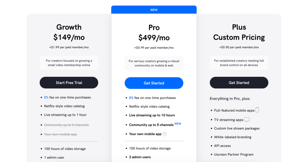 A screenshot of Uscreen's pricing plans.