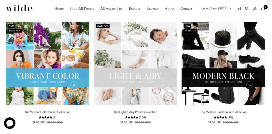 A screenshot Wilde Presets website that sells different types of presets.