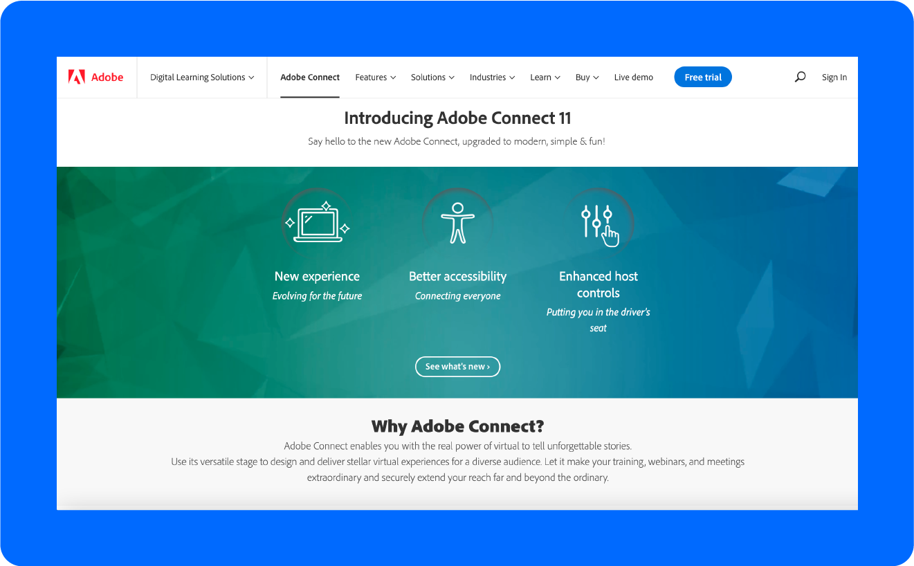 A screenshot of the webinar platform, Adobe Connect