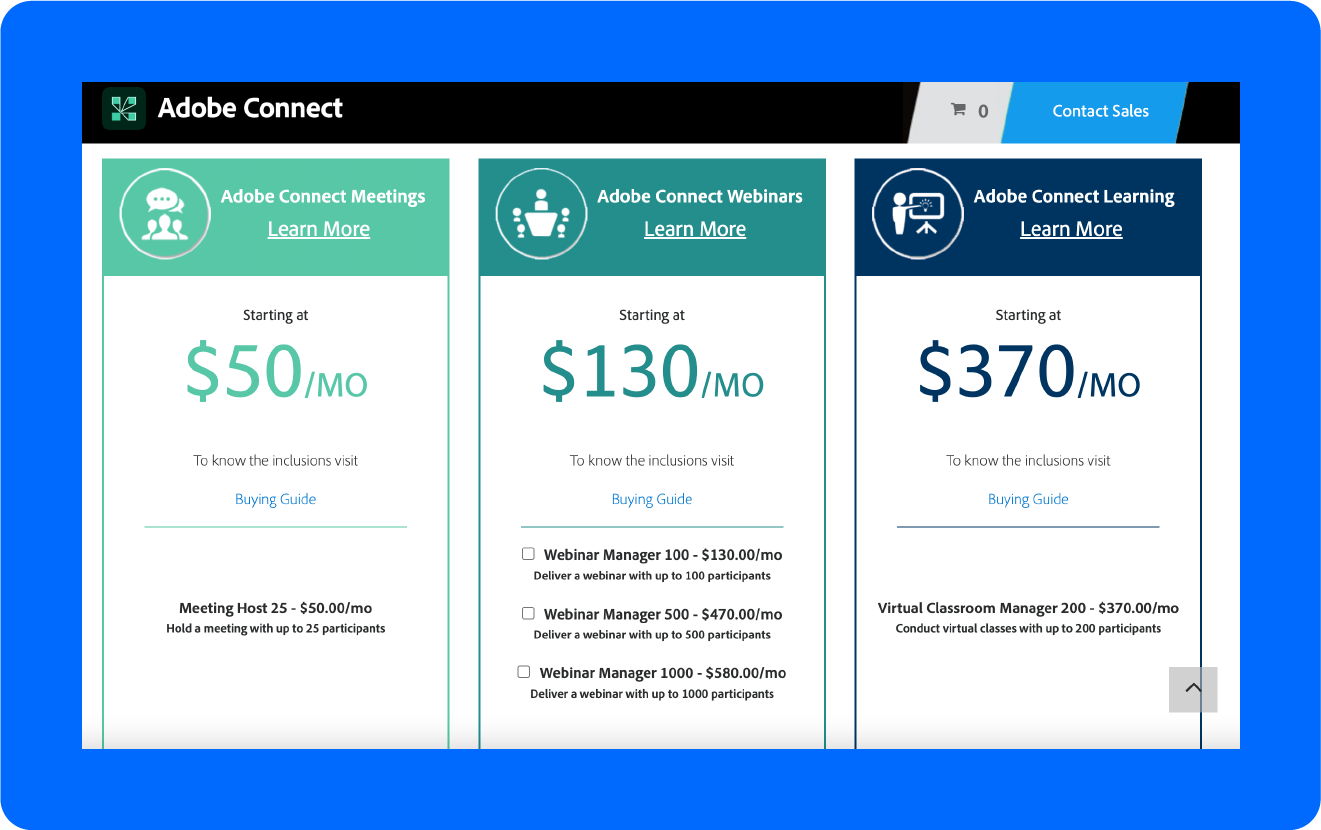 A screenshot of Adobe Connect's pricing.