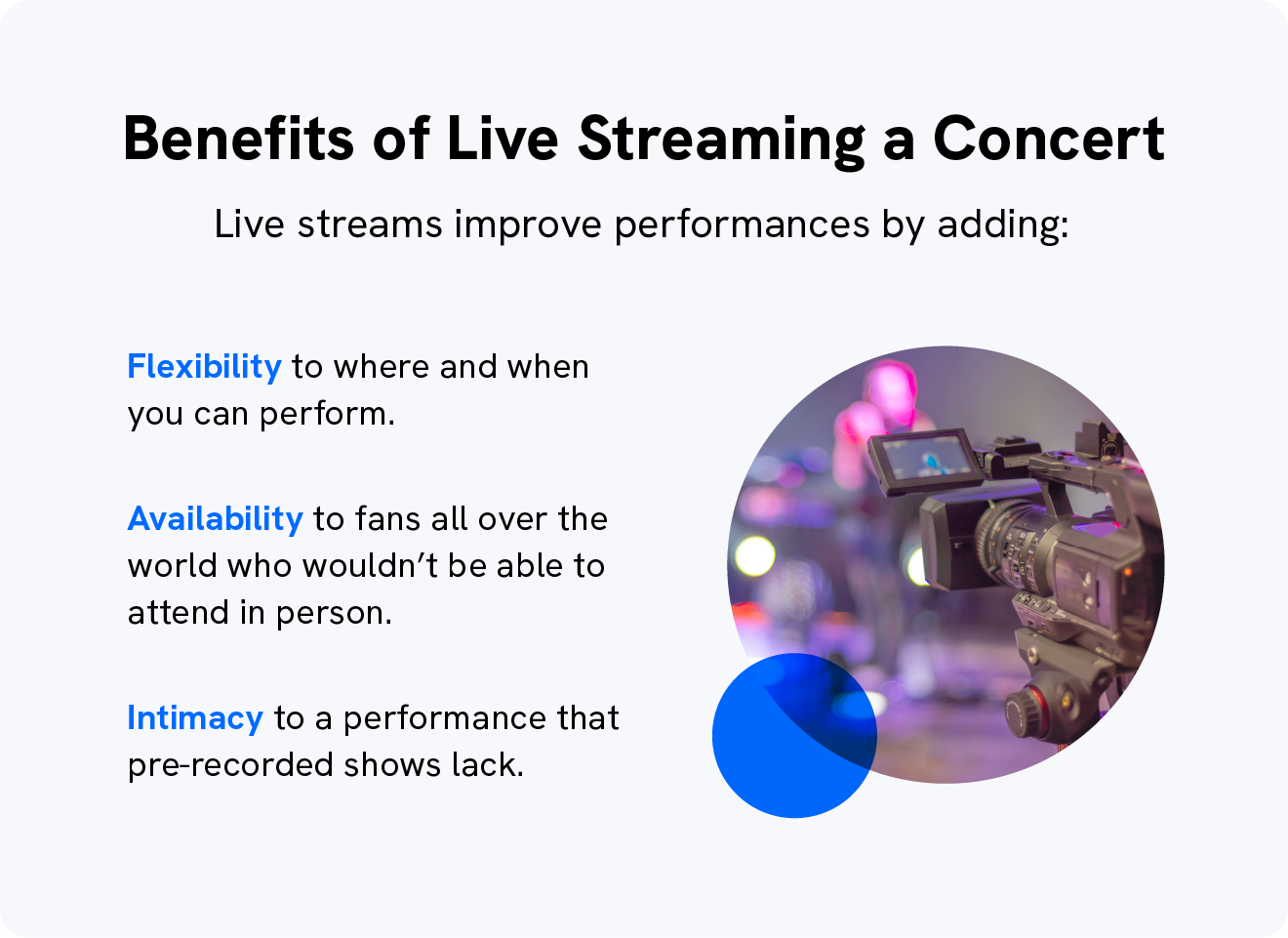 An image lists the three primary benefits musicians get from live streaming concerts.