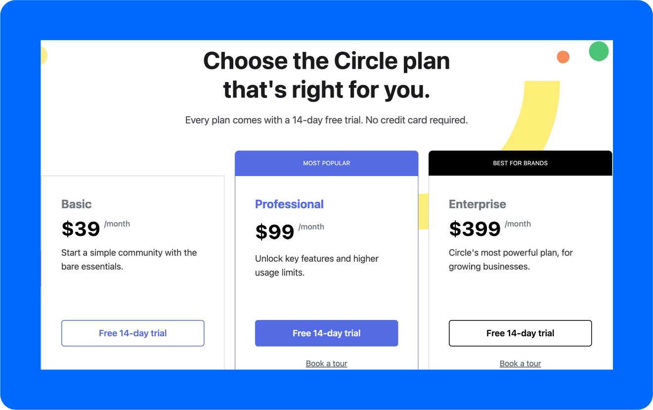 A screenshot shows the pricing page of Circle, one of the best Facebook Group alternatives.