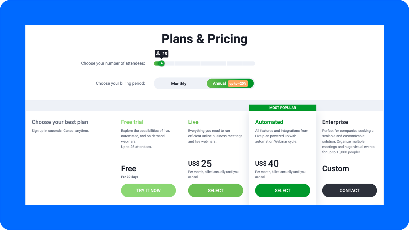 A screenshot of ClickMeeting's pricing.