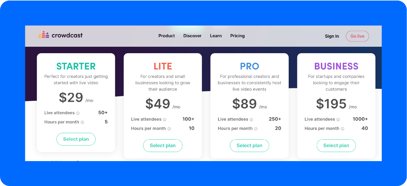 A screenshot of Crowcast's pricing.