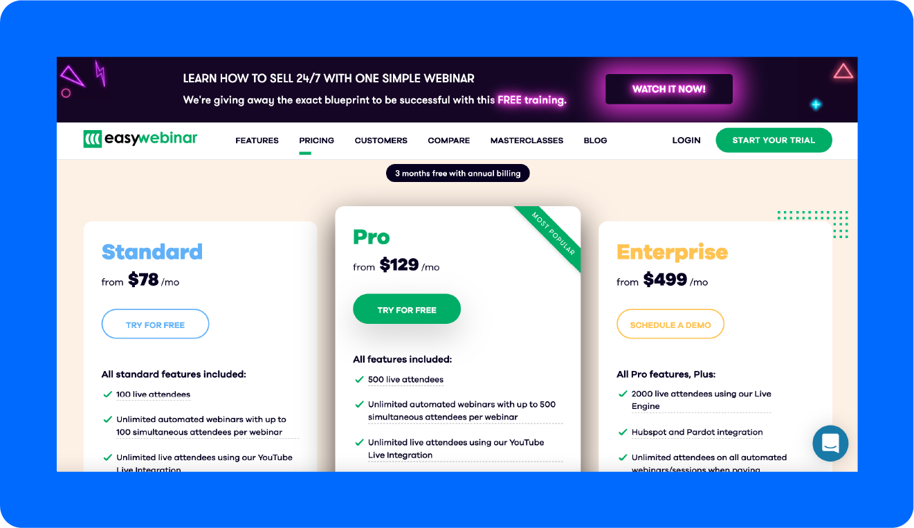A screenshot of EasyWebinar's pricing.