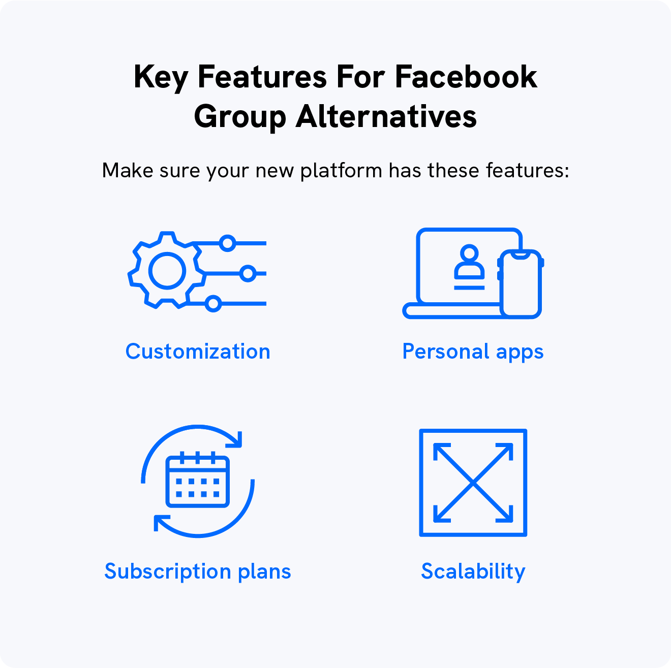 An image displays the key features a person should look for in Facebook Group alternatives.