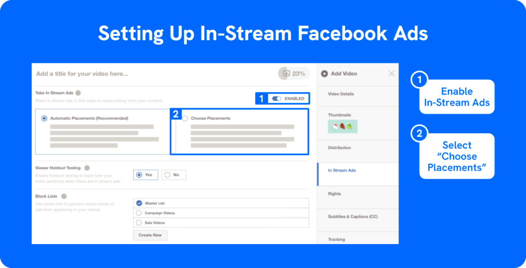 Screenshot shows how to set up in-stream Facebook ads.