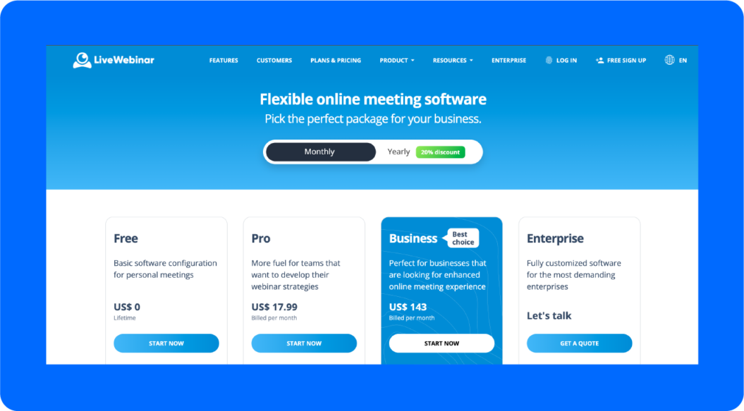 A screenshot of LiveWebinar's pricing.