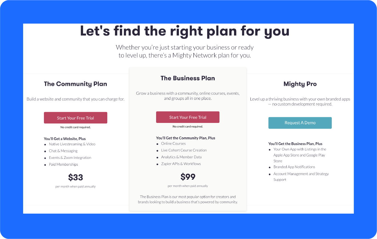 A screenshot shows the pricing page of Mighty Networks, one of the best Facebook Group alternatives.