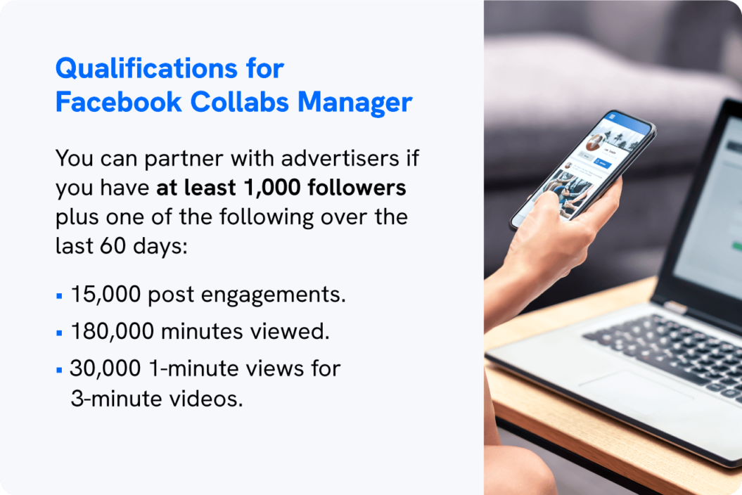 An image displays how to qualify for Facebook Collabs Manager, one of the best Facebook video monetization options.