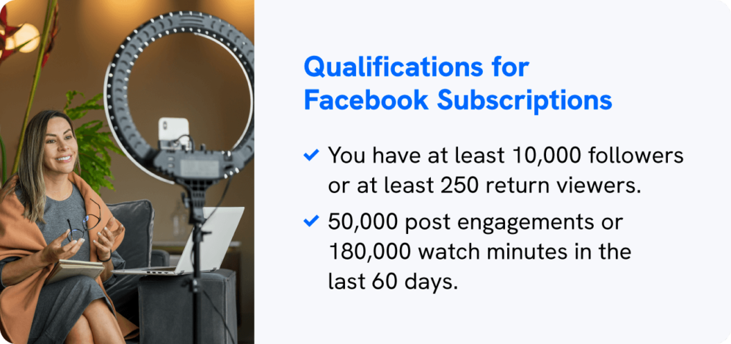 An image displays the qualifications for Facebook Subscriptions, one of the best Facebook video monetization options.