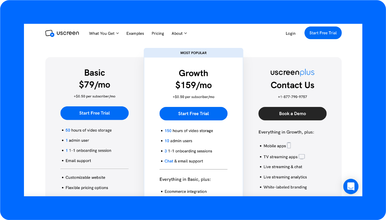 A screenshot of Uscreen's pricing.