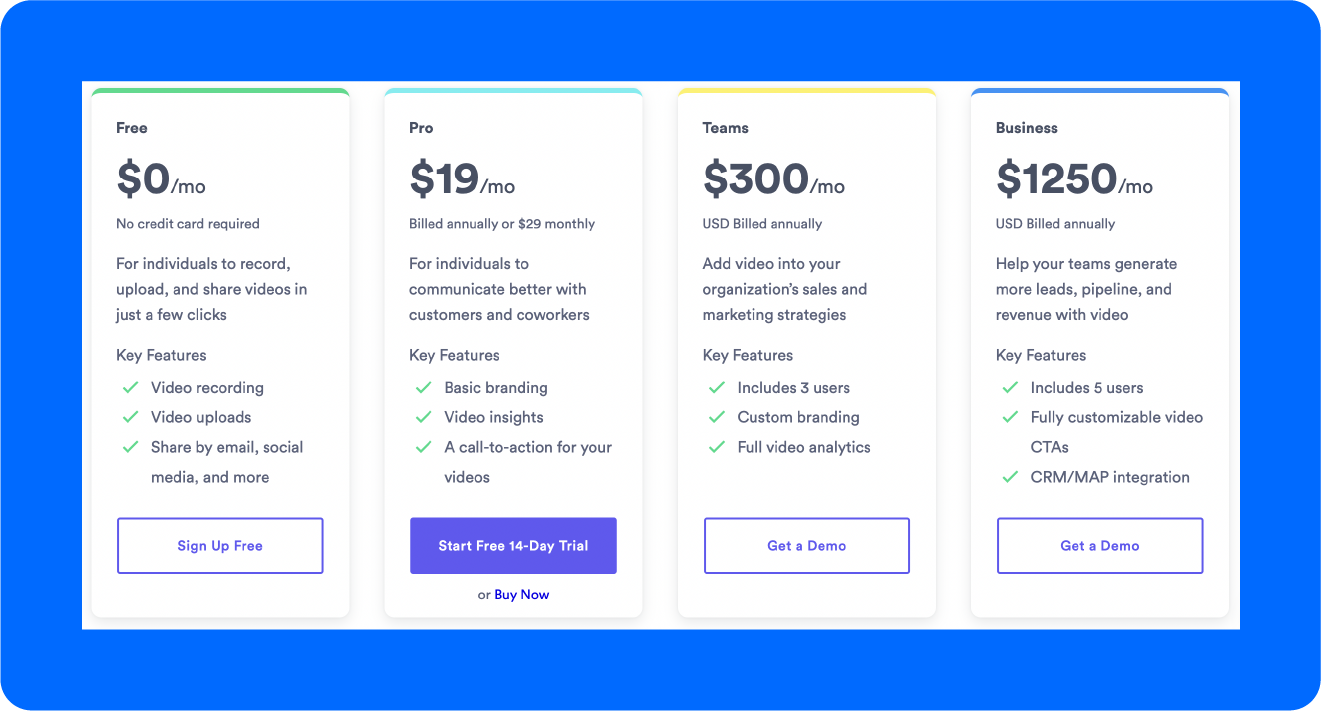 A screenshot of Vidyard’s pricing page, one of the leading Zype alternatives. 