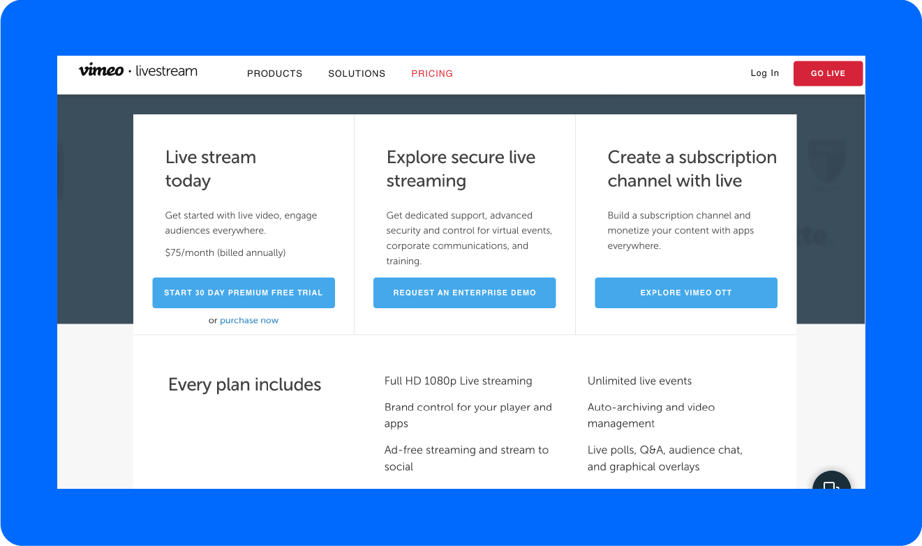 A screenshot of the pricing options a Dacast alternative called Livestream offers.