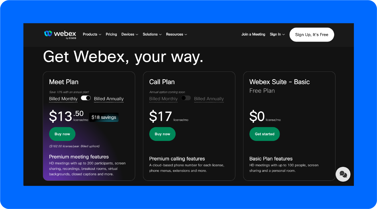 A screenshot of Webex's pricing.