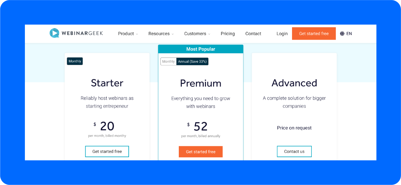 A screenshot of WebinarGeek's pricing.