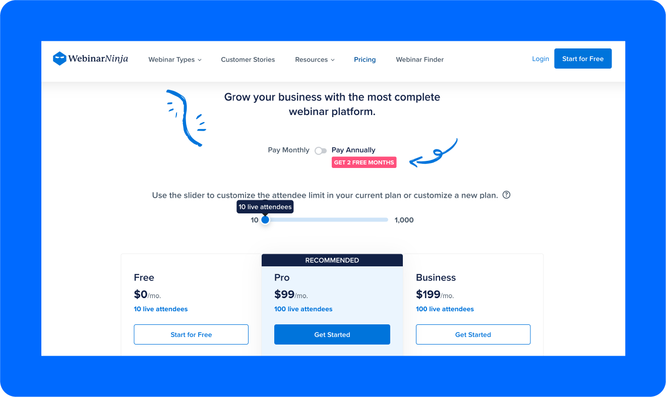 A screenshot of WebinarNinja's pricing.