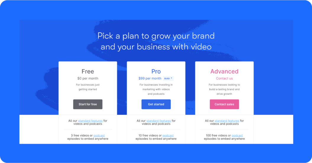 A screenshot of Wistia’s pricing page, one of the leading Zype alternatives.