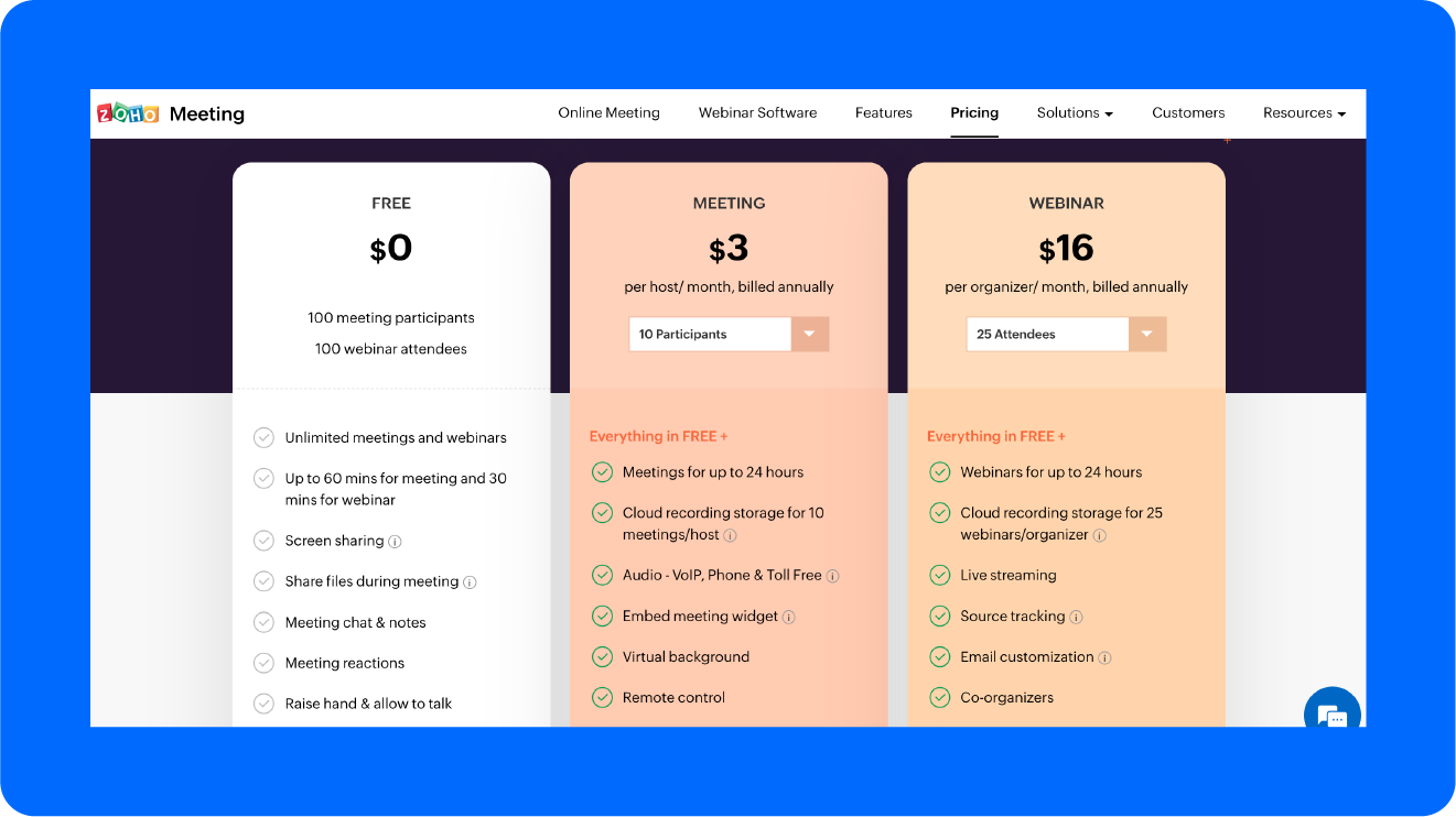 A screenshot of Zoho Meeting's pricing.