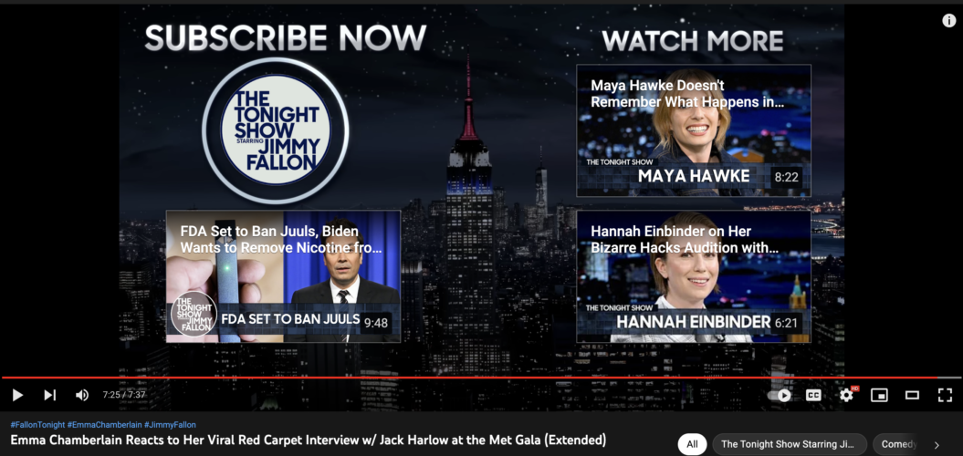 A screenshot of The Tonight Show with Jimmy Fallon’s YouTube end screen.