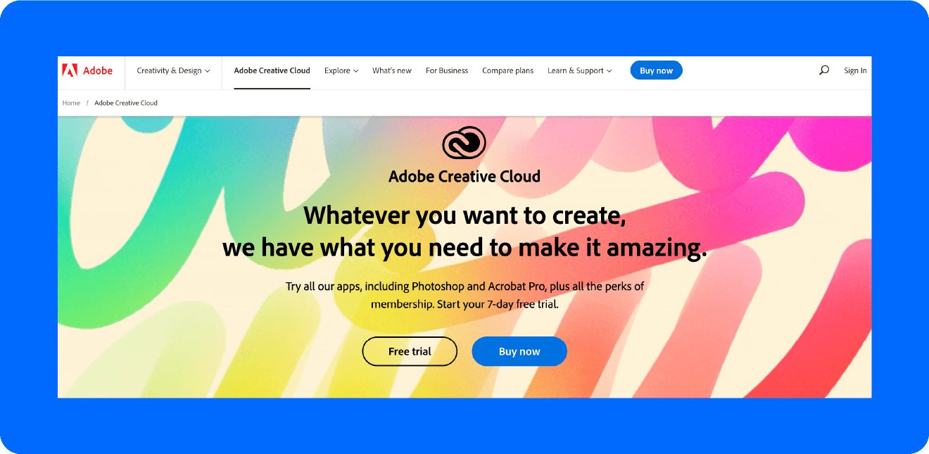 A screenshot of Adobe Creative Cloud’s homepage, one of the best video storage solutions.