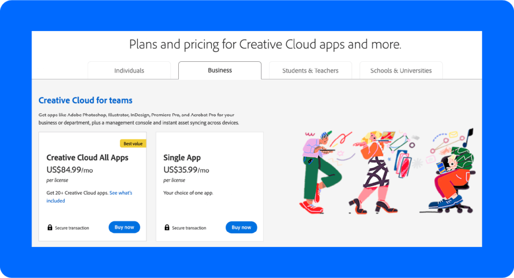 A screenshot of Adobe Creative Cloud’s pricing page, one of the best video storage solutions.