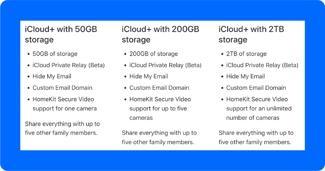 A screenshot of Apple iCloud’s pricing page, one of the best video storage solutions.