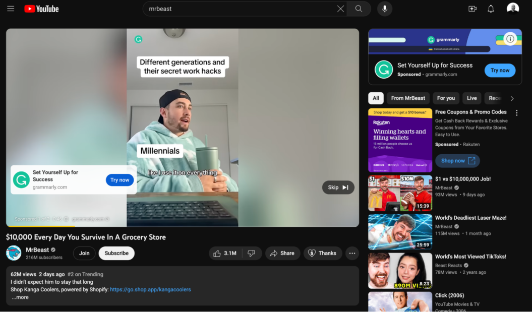 Image showing how an AVOD example looks like on YouTube for a MrBeast clip.