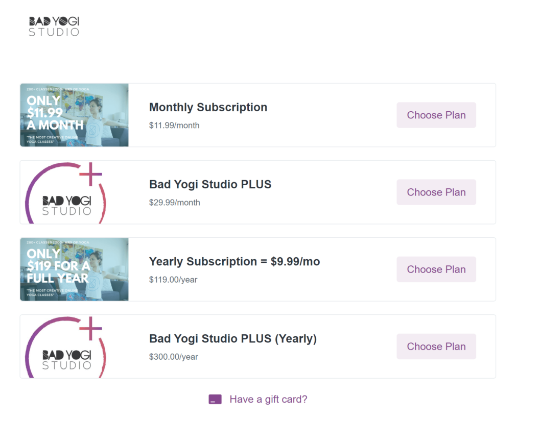 Bad Yogi fitness studio subscription plans.