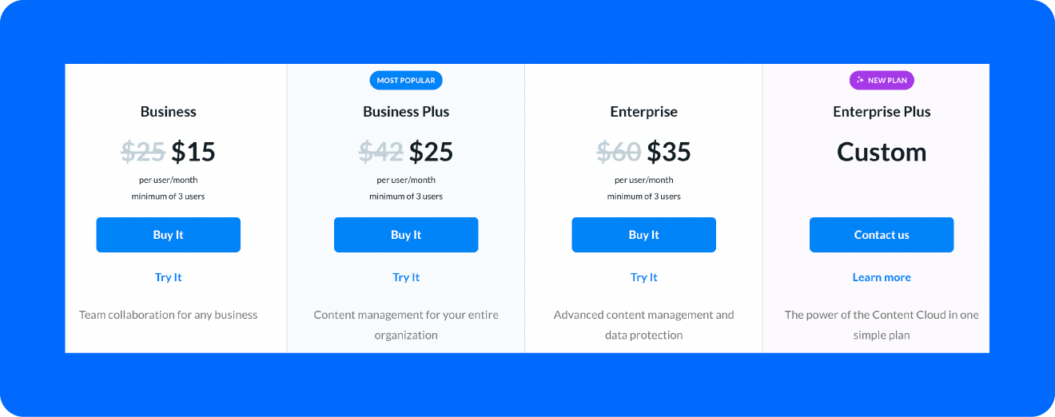 A screenshot of Box’s pricing page, one of the best video storage solutions.