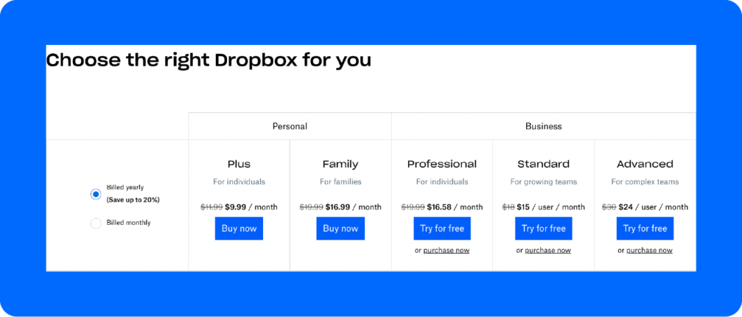 A screenshot of Dropbox’s pricing page, one of the best video storage solutions.