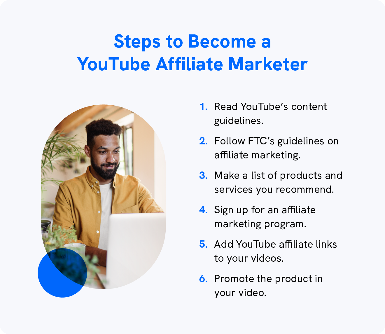 A graphic goes over the steps to become a YouTube affiliate marketer