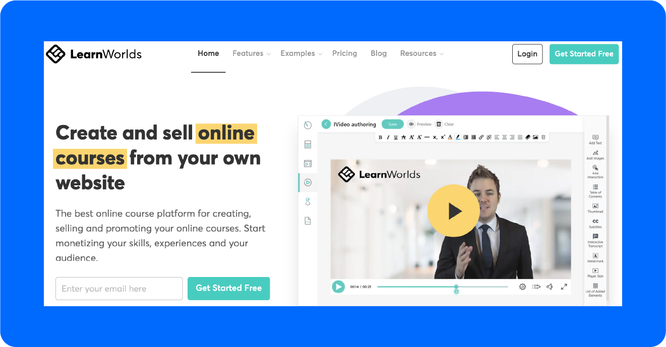 A screenshot of LearnWorlds’ home page, one of the best Podia alternatives. 