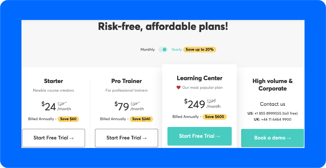 A screenshot of LearnWorlds’ pricing page, one of the leading Podia alternatives.