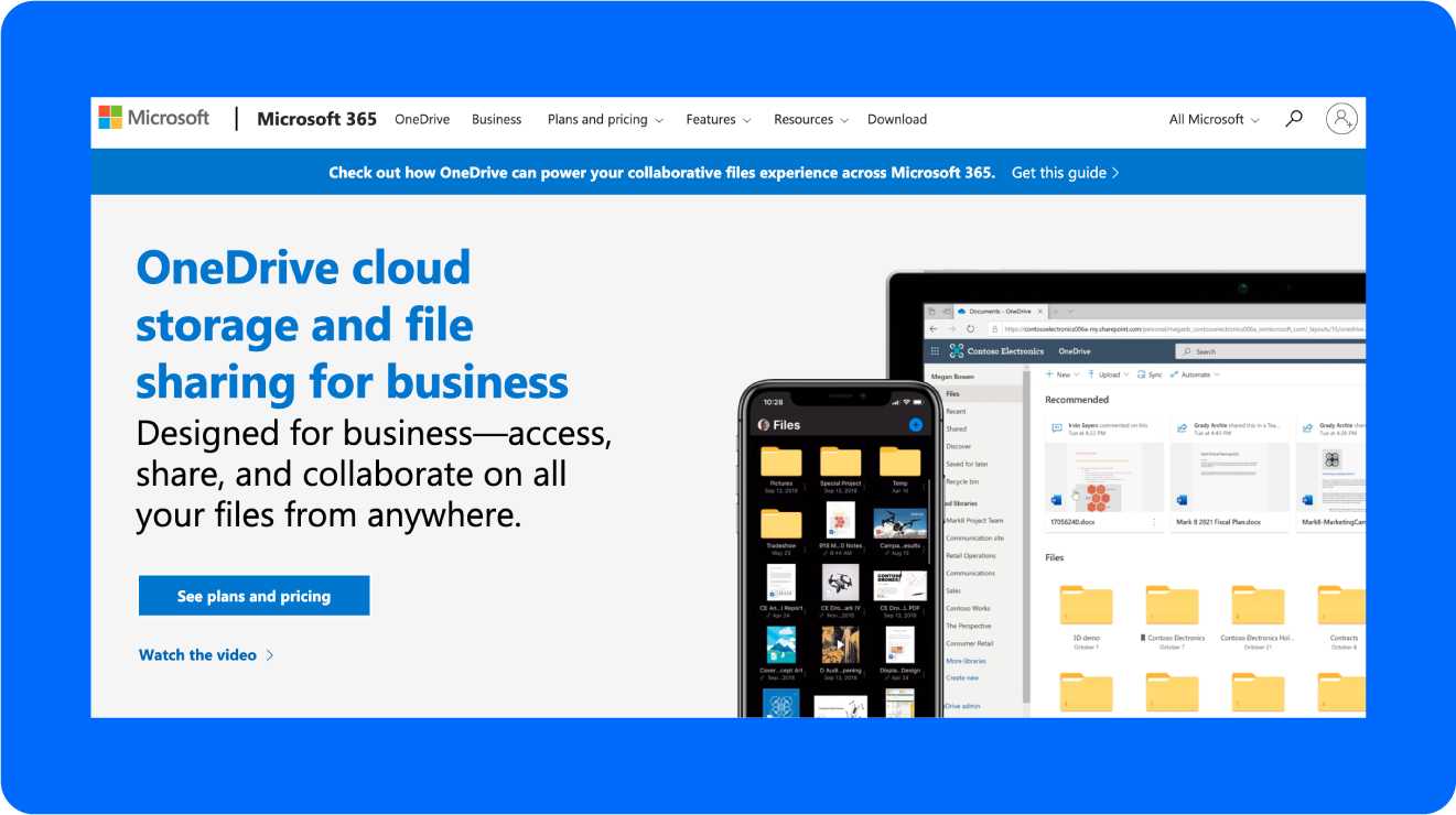 A screenshot of OneDrive’s homepage, one of the best video storage solutions.