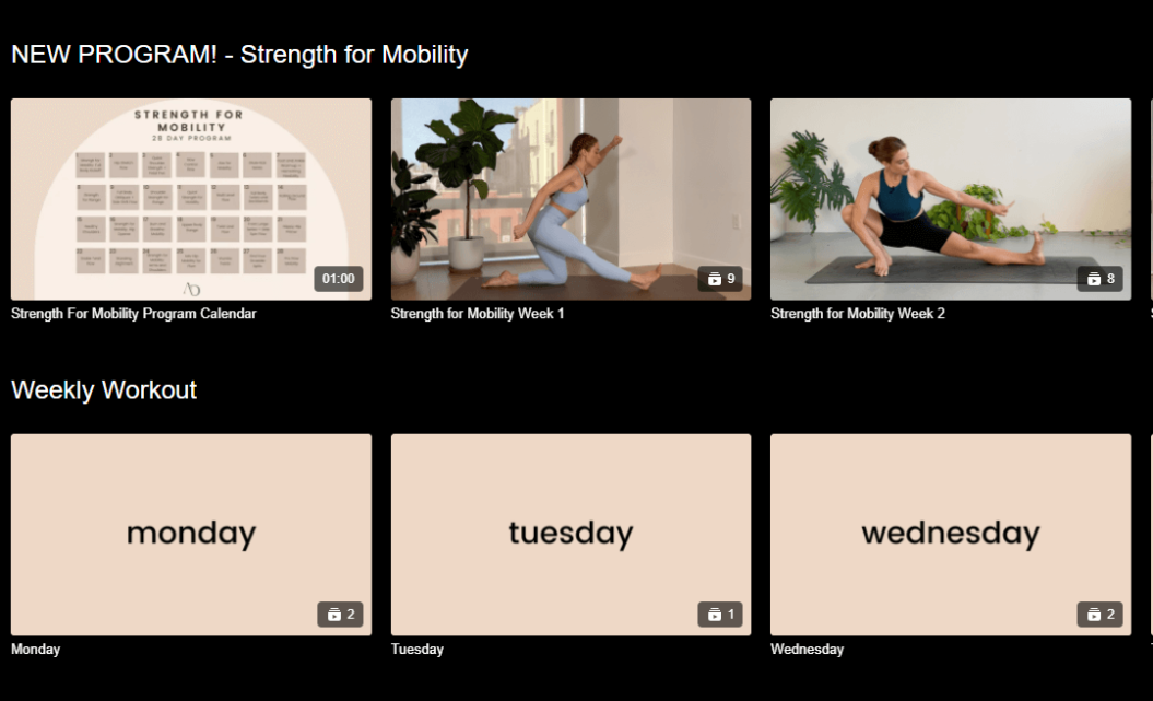 An image of a pilates membership site content library.