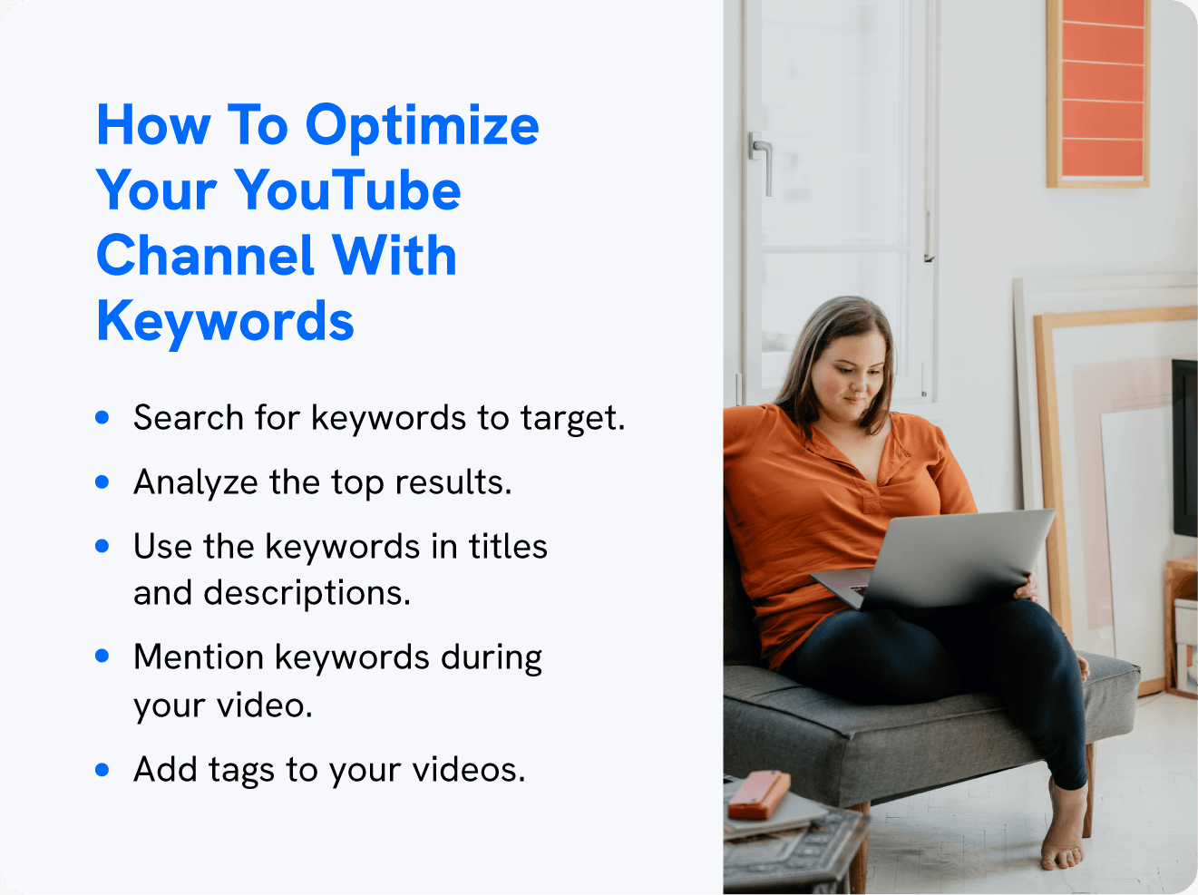 A graphic shows how to promote YouTube videos by optimizing with keywords.